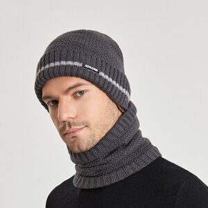 2/$30 Men's Gray Knit Beanie Hat & Neck Warmer Scarf Set Thermal Fleece Lined